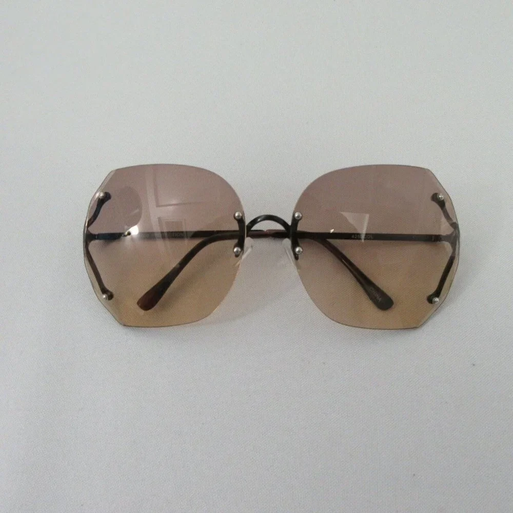 Brown Lens Rimless Gold Frame Sunglasses New